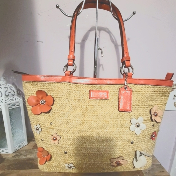 Coach Handbags - COACH Straw Bag With Leather Floral Appliqués GUC